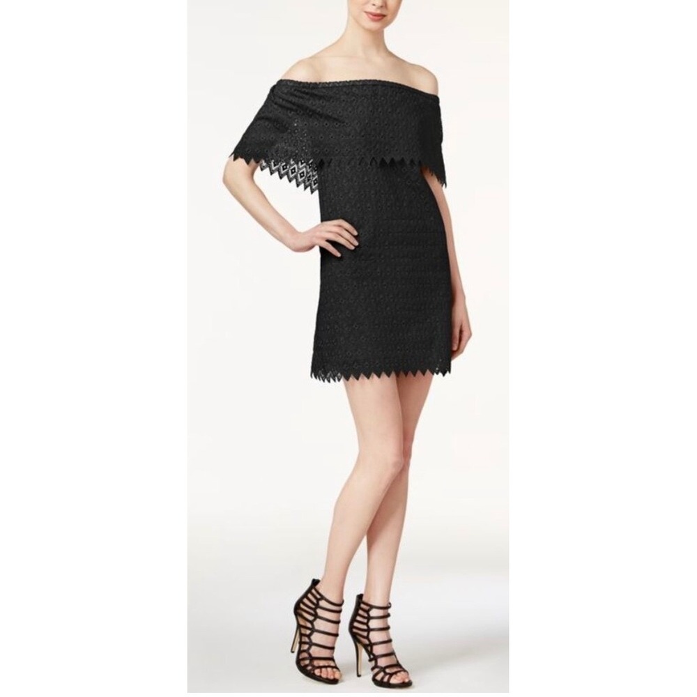 Kensie Eyelet Dress Women Large Black Excellent Off Shoulder Ruffle Mini